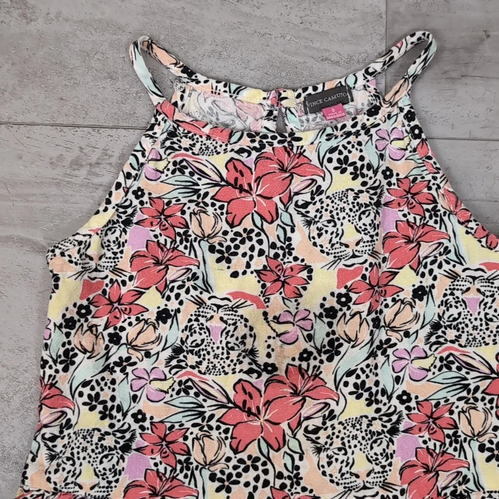 Vince Camuto Linen Tank Top Shirts Matching Set Floral Tiger Girls Size 8 Pink